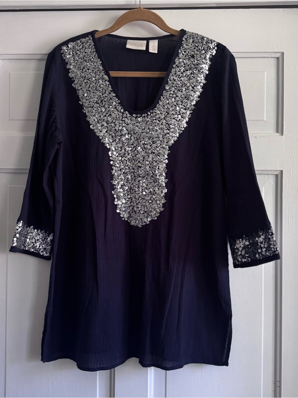 Chicos Navy Blue Cotton Gauze Tunic Top Silver Sequin Party Occasion Womens 1/M